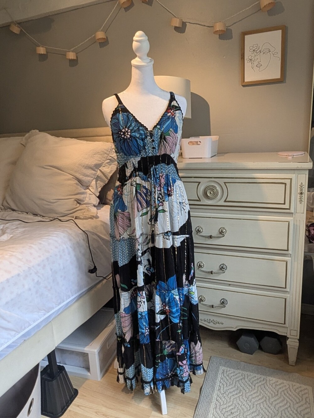 Me 2 Magic Anthropologie Style Maxi Dress Sz L Blue Floral Boho Dress